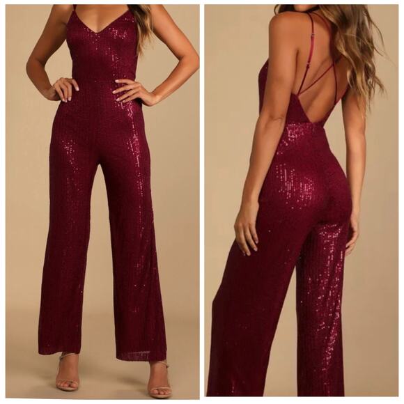 Lulus Pants - Lulus Wine Red Sequin Wide Leg Jumpsuit Size M Crisscross Open Back Sleeveless